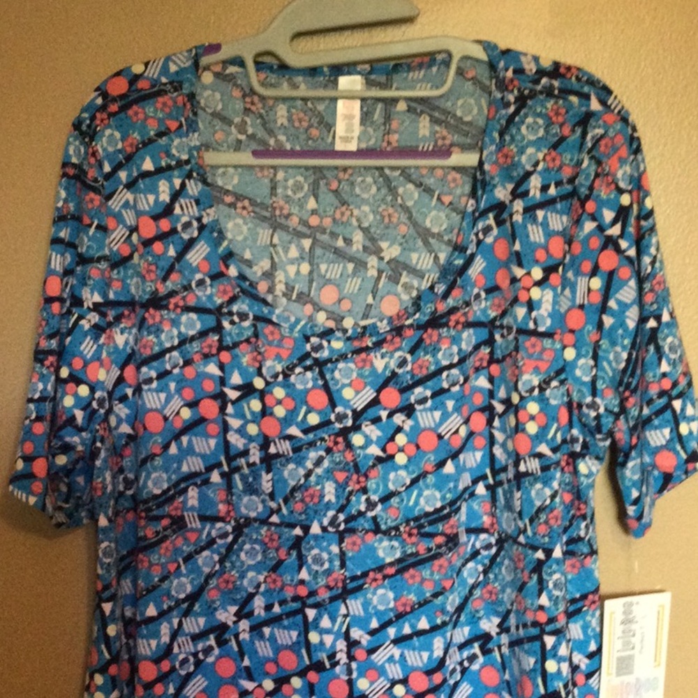 NWT Lularoe Perfect T Shirt, size Large. Blue w/ floral and geometric pattern